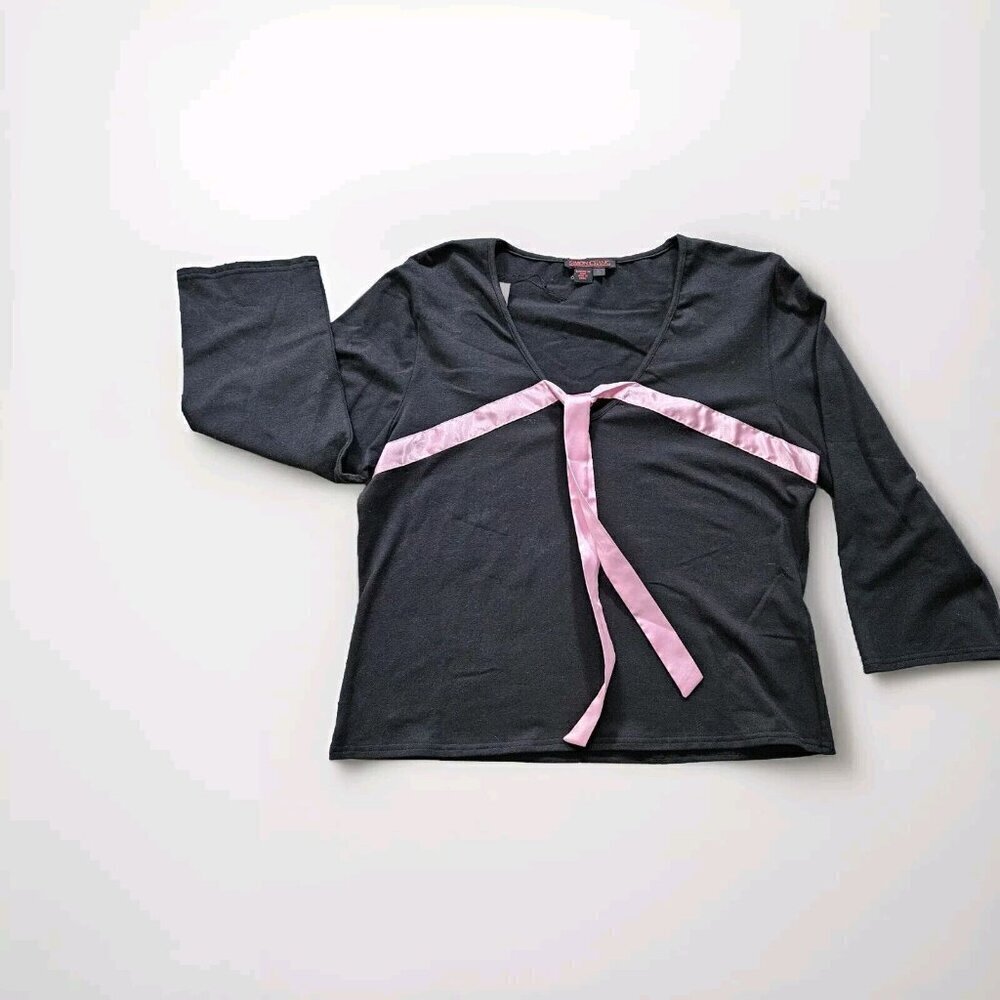 Simon Chang Top XL Womens Black Pink Ribbon 3/4 Sleeve V Neck Y2K Office Boho
